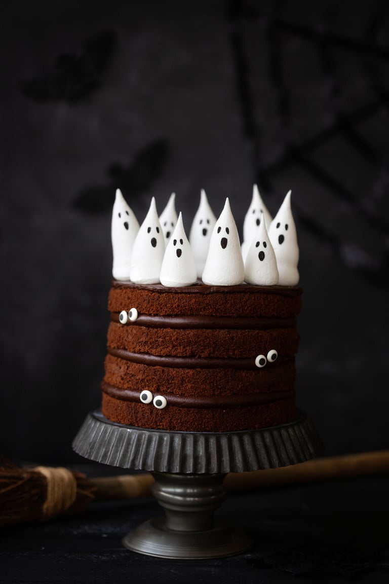 Halloween Cake with Spooky Meringue Ghosts